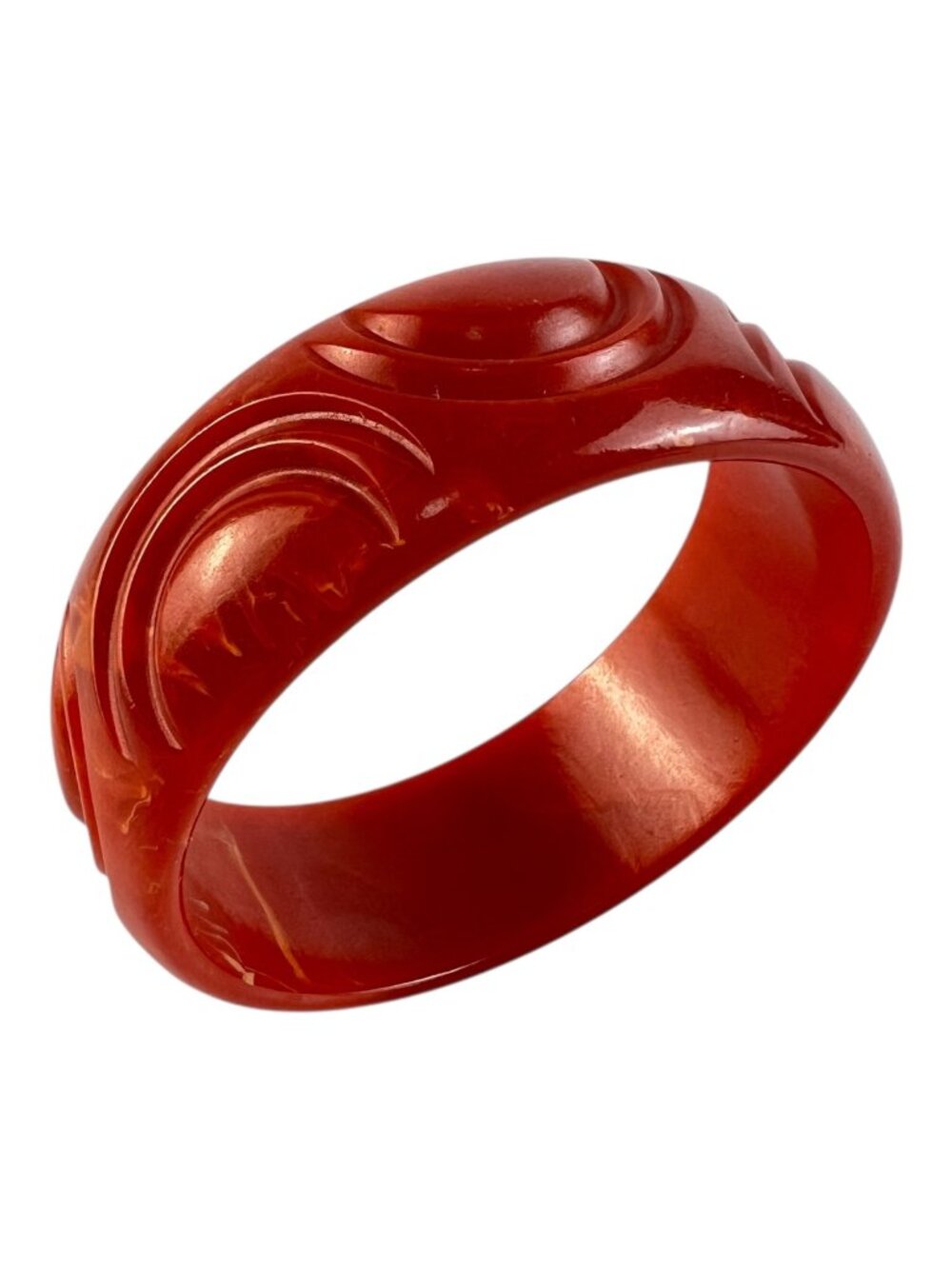 Vintage Carved Orange Red Bakelite Geometric Crescent 1" Bangle Bracelet